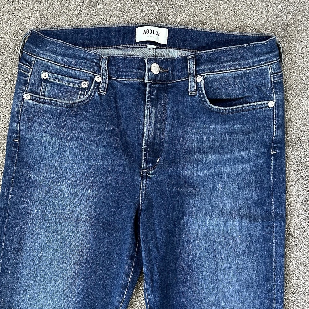 Agolde Sophie Crop Jeans Size 31 Dark Wash Frayed Hem Skinny Leg Mid-Rise Blue - Picture 3 of 12